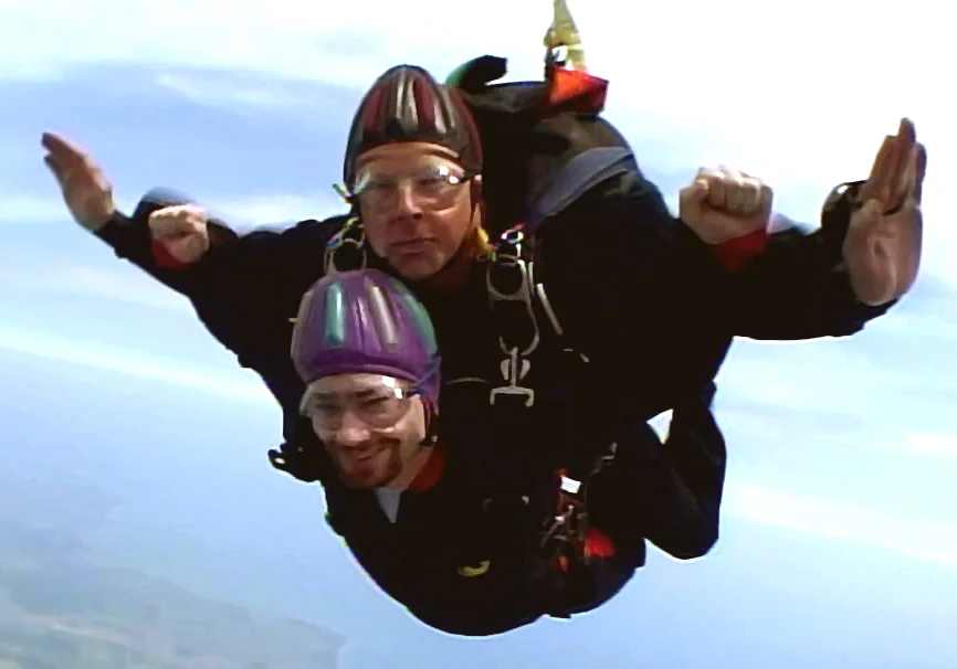 Tandem skydivers in freefall
