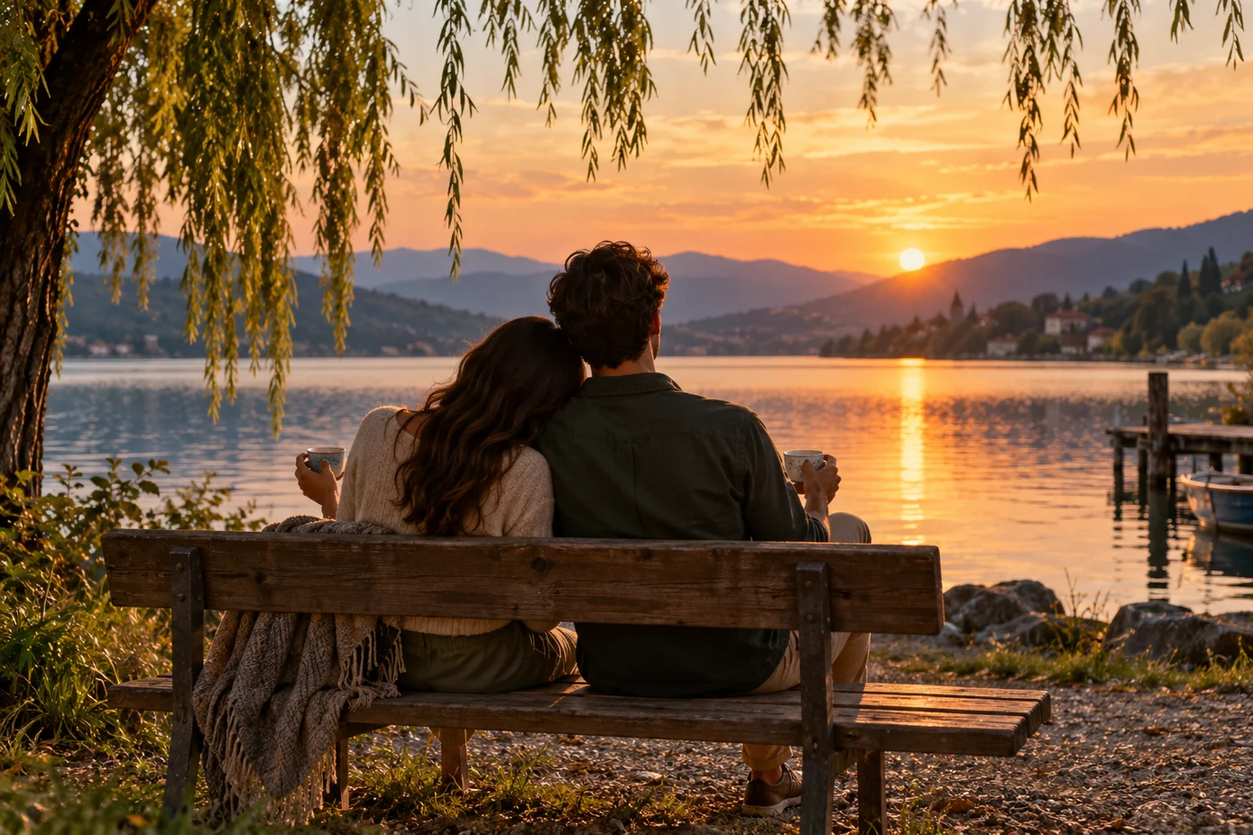 Illustration of a couple sharing tea beside the water at sunset